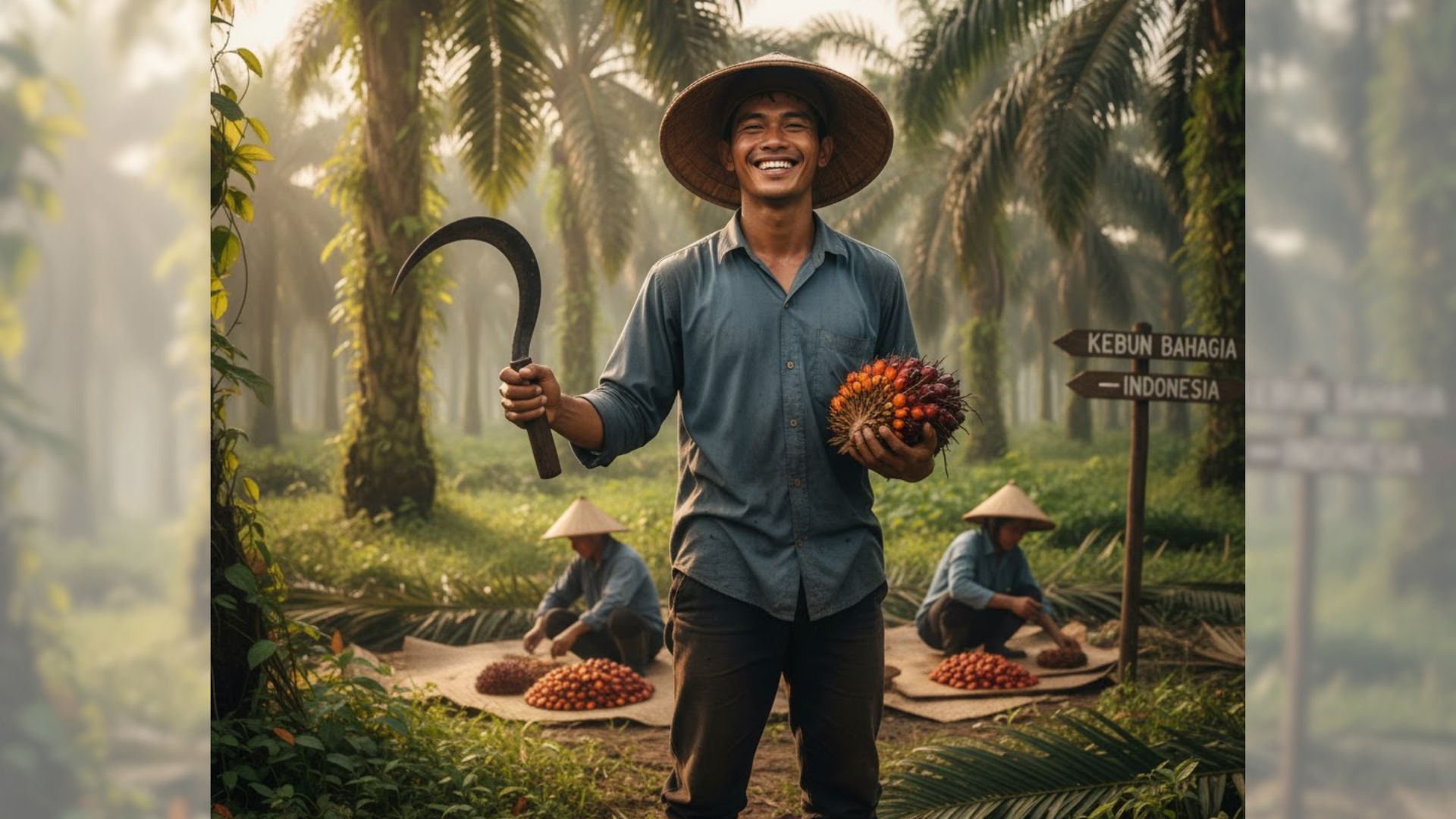 Petani sedang memanen kelapa sawit