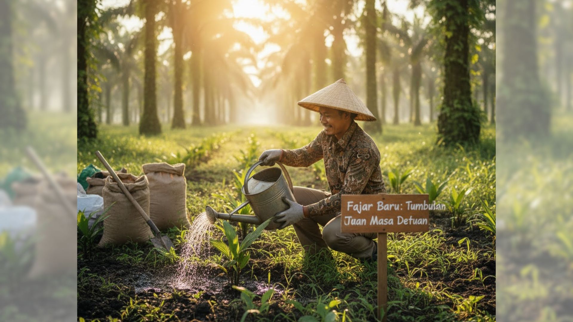Petani sedang menabur pupuk untuk perkebunannya